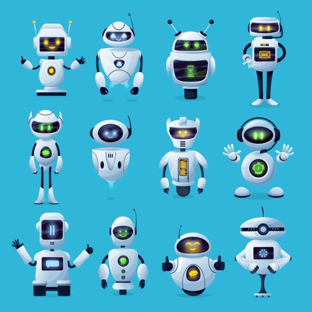 Robot cartoon characters with ai robotic machines Robot cartoon characters with vector ai or artificial intelligence robotic machines. Modern white robots, toys, humanoid androids and chatbots with cute face screens, antennas and manipulators robotics stock illustrations