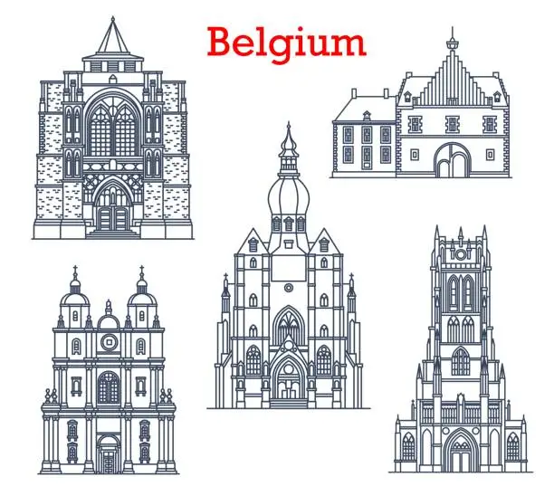 Vector illustration of Belgium landmarks, cathedrals in Tongeren, Dinant