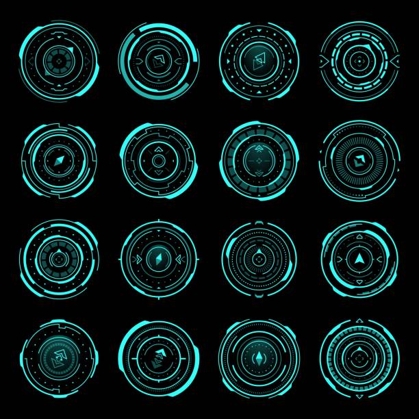 HUD compass, aim control panel vector elements set HUD compass, aim control panel or navigation interface. Futuristic vector optical round aiming, sci-fi spaceship dashboard neon glowing elements. Modern techno display, digital focus indication set pointing gun at computer stock illustrations