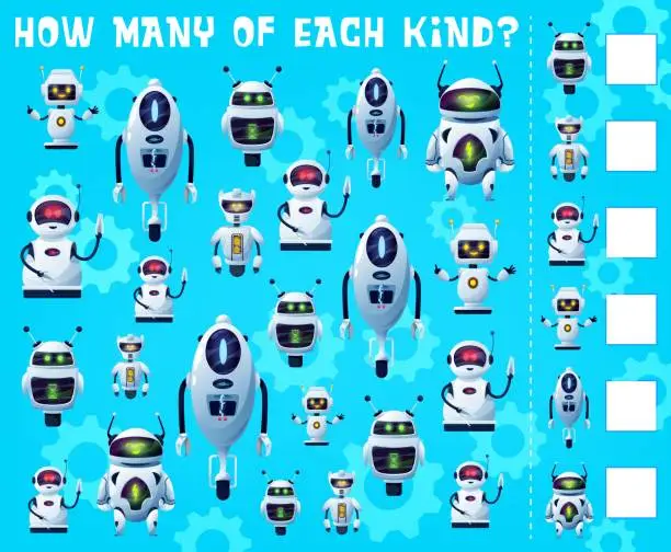 Vector illustration of Kids game, I spy with robot droids, guess play