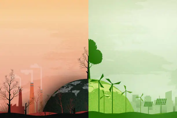 Vector illustration of Global warming and climate change concept.Half world of polluted and green environment background.Paper art of ecology and environment concept.Vector illustration.