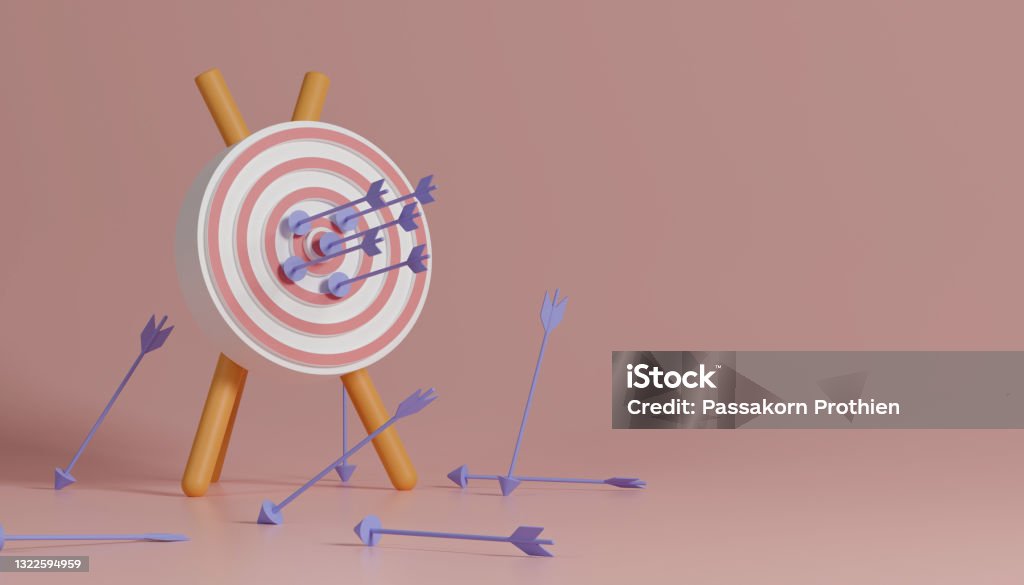 Archery target with purple arrows. 3d rendering archery target with purple arrows on pink background. Concept accuracy and precision. Aspirations Stock Photo