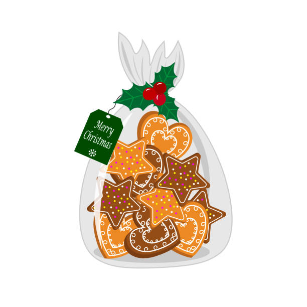 ilustrações, clipart, desenhos animados e ícones de biscoitos de gengibre em um saco transparente. presente doce de natal. - oat packaging oatmeal box