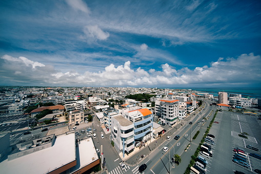 Okinawa,Japan - May 21, 2021: Panoramic view of Ishigaki City, Okinawa, Japan, from Ishigaki port