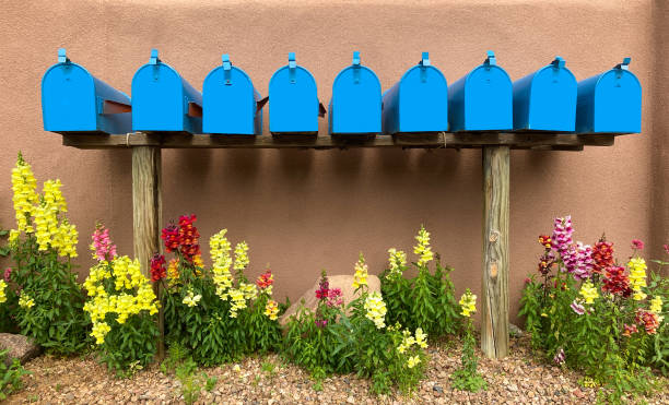 Santa Fe, NM: Line of Blue Mailboxes, Adobe Wall, Flowers