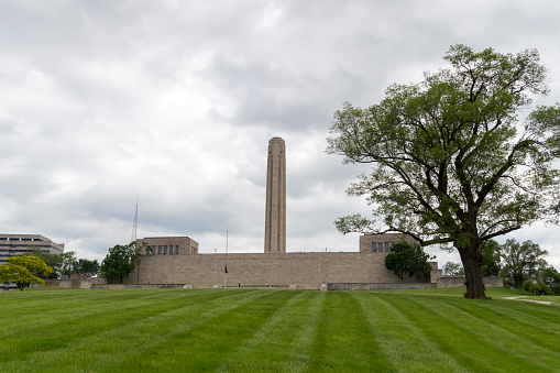 December 15, 2021 - Kansas City, Missouri, USA: This shot shows the World War I Memorial in Kansas City, Missouri.  This site sits on a prominent hill overlooking the city.  This shot was taken on a cloudy spring day.