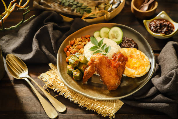 Nasi Lemak, the Malay Aromatic Rice Dish with Side Dishes Nasi Lemak, the aromatic rice dish from Malaysia; also popular in Singapore. Fragrant rice cooked with coconut milk; accompanied with fried chicken, egg, peanut-anchovy, lady finger, cucumber and red chili sauce. This one-dish meal is plated on a luxurious ceramic plate. johor photos stock pictures, royalty-free photos & images