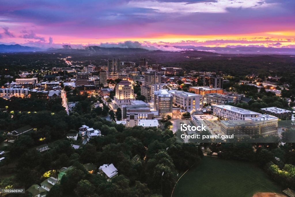 Asheville North Carolina Aerial view at sunset Asheville Stock Photo