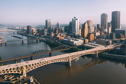 Freedom bridge in Pittsburgh city Pennsylvania downtown aerial view