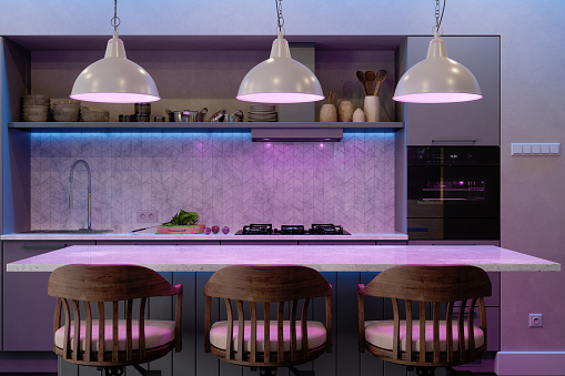 Modern Kitchen At Night With Neon Lighting