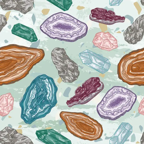 Vector illustration of Geodes and Gems and Rocks Seamless Pattern on a Terrazzo Background