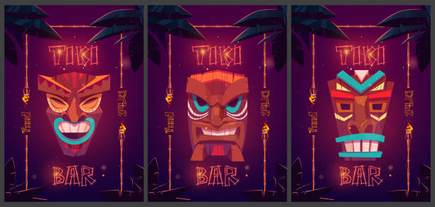 Tiki bar cartoon ad posters with tribal masks Tiki bar cartoon ad posters with tribal masks in bamboo frames and palm leaves. Promo posters for beach hut bar food and drink, signboards with glowing fonts for amusement establishment Vector banners bar drink establishment illustrations stock illustrations