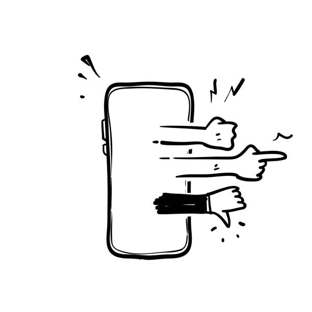 illustrazioni stock, clip art, cartoni animati e icone di tendenza di telefono cellulare doodle disegnato a mano e simbolo gesto della mano per l'icona illustrazione cyber bullismo isolato - cyberbullismo