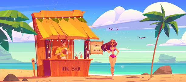 istock Summer beach with tiki bar and girl in bikini 1322610898