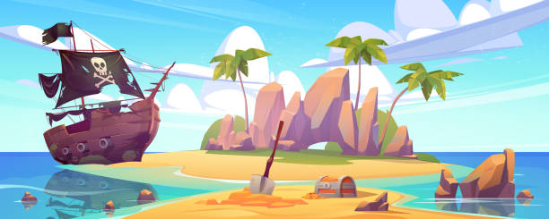 Broken pirate ship and treasure chest on island Tropical island with treasure chest and broken pirate ship. Vector cartoon sea landscape with sail boat after shipwreck with skull on black sails, palm trees and gold coins on uninhabited island wrecked wood boat stock illustrations
