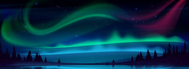 Arctic aurora borealis over night lake in sky Arctic aurora borealis over night lake in starry sky, polar lights natural landscape. Northern amazing iridescent glowing wavy illumination shining above water surface, Cartoon vector illustration backgrounds multi colored water mystery stock illustrations
