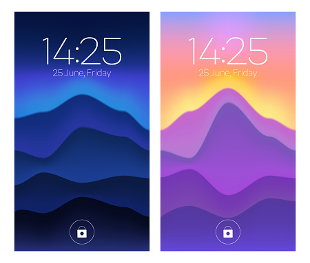 Smartphone lock screens, mobile phone onboard pages with gradient wallpaper, date, week day and time, abstract background for digital device, ui application template, user interface design mockup