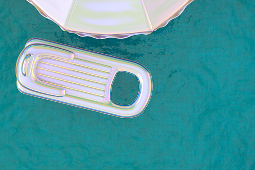 3d rendering of Inflatable Raft on Pool. Summer Holiday Concept. Travel destinations. Iridescent Colors.
