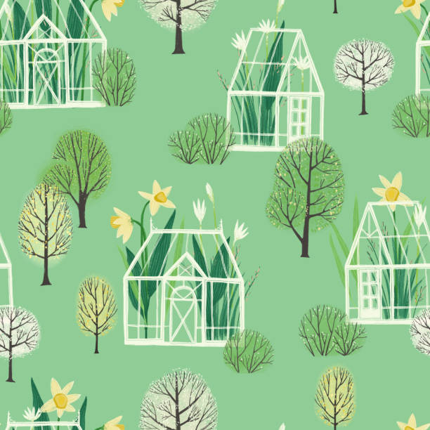 Seamless pattern with greenhouses in green. Minimalistic Scandinavian style. Seamless pattern with greenhouses in green. Minimalistic Scandinavian style. Perfect for wallpaper, wrapping paper, fabric. apple-tree-flowers stock illustrations