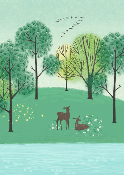 istock Poster with forest and forest animals, deers and rabbits. Minnimalistic Scandinavian style. 1322613179