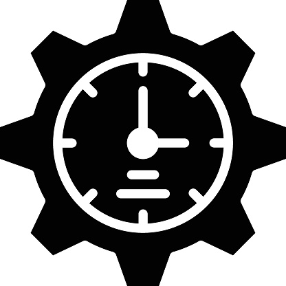 Daily Job time management concept, hrm symbol on white background, gear inside clock vector Glyph icon design, Office Timings Sign