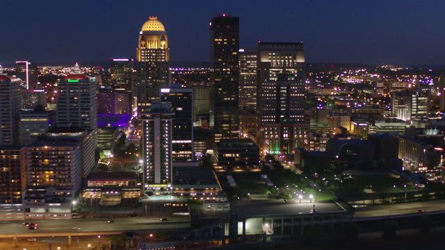Aerial view of downtown Louisville, Kentucky at night