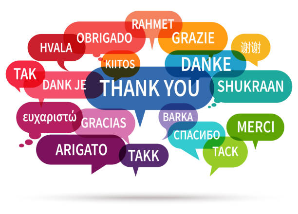 speech bubbles with text thanks in different languages EPS 10 vector illustration of colored speech bubbles cloud isolated on white background with greetings text " thanks " in different languages thank you stock illustrations