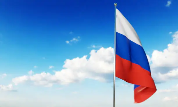 Russian Federation Wavy Flag Wavy Flag and blue defocused sky on the background