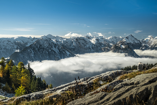 The Achensee lies invisibly under a dense cloud cover on a wonderful day in October. Nevertheless, in the higher altitudes of the Rofan Mountains there is a fantastic view of the Karwendel Mountains.