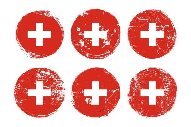 Vector illustration of The Flag of Switzerland grunge textures set. Swiss Confederation grungy effect templates collection for greetings cards, posters, celebrate banners and flyers.
