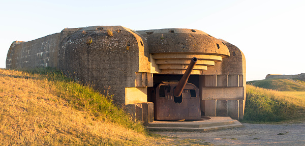 Memorial of a old broken german bunkers of Atlantic Wall and artillery battery of Longues sur Mer. The battery at Longues was situated between the landing beaches Omaha and Gold, Normandy, France