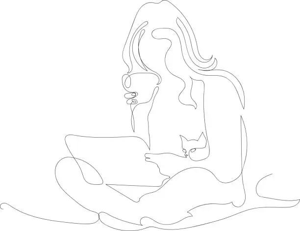 Vector illustration of Woman with cat and cup of tea working at laptop.