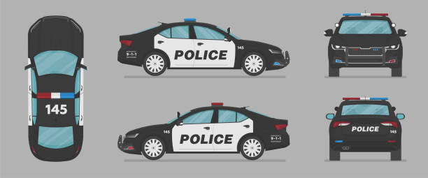 американская полицейская машина. векторный автомобиль с разных сторон. вид сбоку, вид спереди, вид сзади, вид сверху. - police car stock illustrations