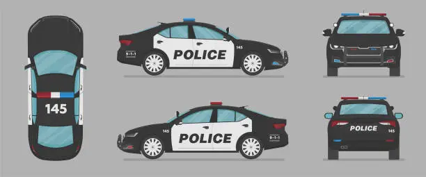 Vector illustration of American police car. Vector car from different sides. Side view, front view, back view, top view.