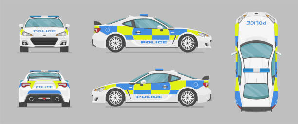 английская полицейская супер машина. векторный автомобиль с разных сторон. вид сбоку, вид спереди, вид сзади, вид сверху. - полицейская машина stock illustrations