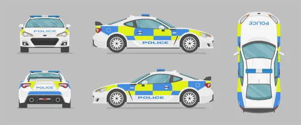 Vector illustration of English police super car. Vector car from different sides. Side view, front view, back view, top view.