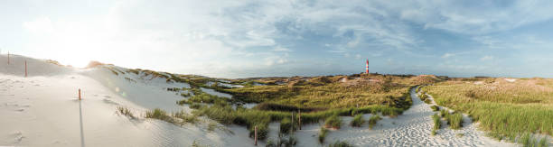 Wide panoramic evening view on sand dunes in North Sea coastal landscape. Striped naval lighthouse in distance. Wide panoramic evening view on sand dunes in North Sea coastal landscape. Striped naval lighthouse in distance. Summer vacation, holiday at sea concept. german north sea region stock pictures, royalty-free photos & images