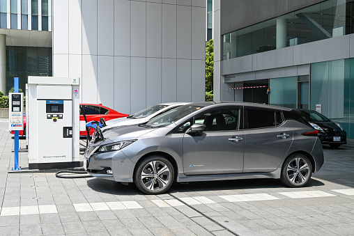 Yokohama, Japan - June 8, 2021: Electric cars, Nissan's \