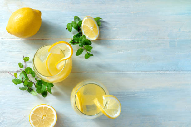 istock Lemonade flat lay with copy space. Homemade fresh drink with lemon and mint 1322626038