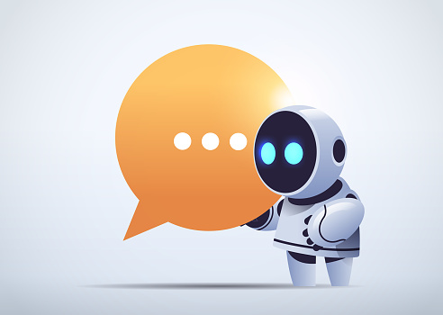 cute robot cyborg holding chat bubble communication chatbot customer service artificial intelligence technology concept horizontal full length vector illustration