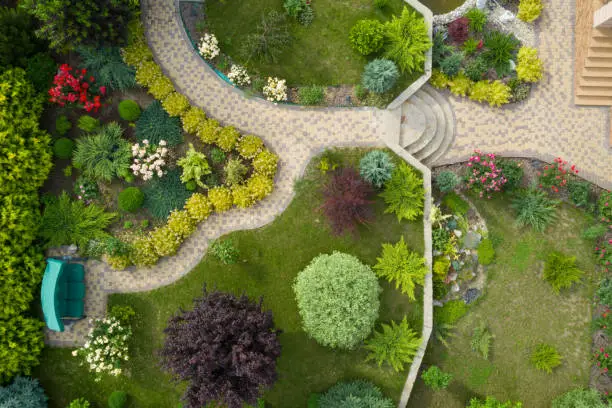 Photo of Garden with walkways and green grass. Photo taken from above drone