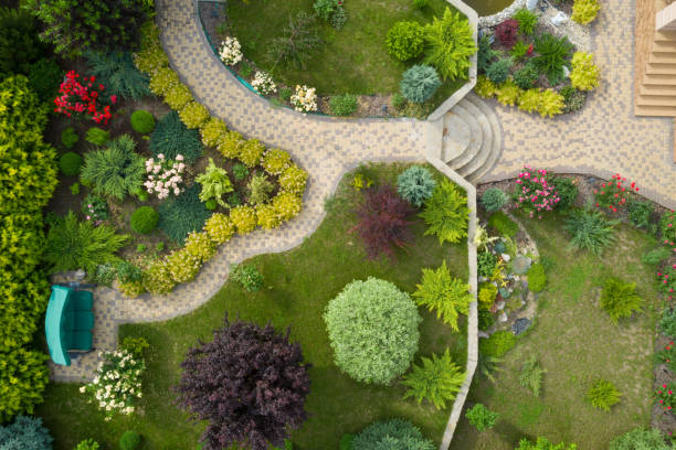 jardim com passarelas e grama verde. foto tirada de cima drone - garden fence fotos - fotografias e filmes do acervo