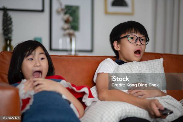 Asian Chinese Sibling Watching Scary Movie On Television Together At Their Home Stock Photo - Download Image Now