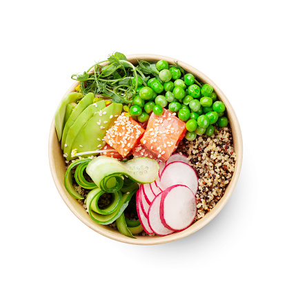Poke bowl with salmon, avocado, quinoa and cucumber. Isolated on white background. Traditional hawaiian meal. Top view flat lay
