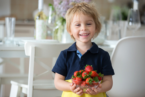 Blond toddler child, holding a bowl with strawberries, looking  at the camera, serving them on the table at home