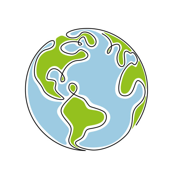 하나의 연속 선 도면에 지구 지구. 간단한 낙서 스타일의 라운드 월드지도.인포 그래픽 영역 지리 프리젠 테이션은 흰색 배경에 고립. 편집 가능한 스트로크. 색상 벡터 그림 - globe earth world map planet stock illustrations