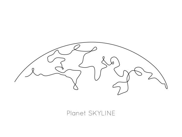 Planet skyline and world map in one continuous line drawing. Earth globe horizon in linear style. Minimalistic vector illustration Planet skyline and world map in one continuous line drawing. Earth globe horizon in linear style. Minimalistic vector illustration. world map outline stock illustrations