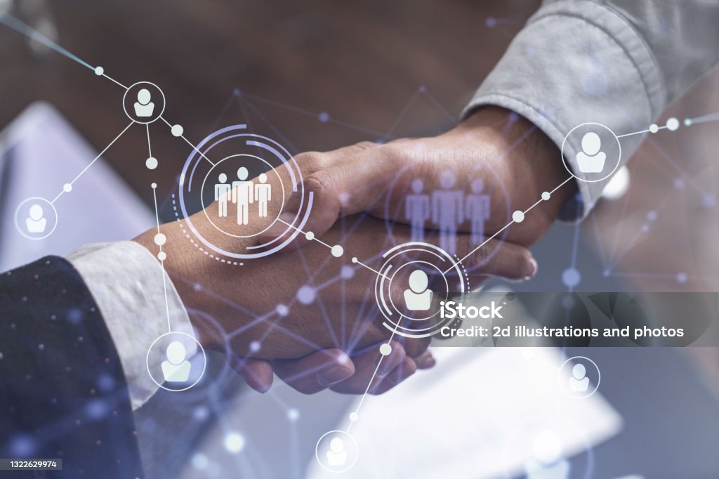 Recruitment concept of hiring of a new talented specialists for international company. Handshake as a concept of agreement to sign an employment contract. Social media hologram icons. Recruitment Stock Photo