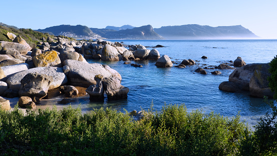 Elevated, panoramic view of Boulders Beach in Simon's Town, Cape Town, South Africa.