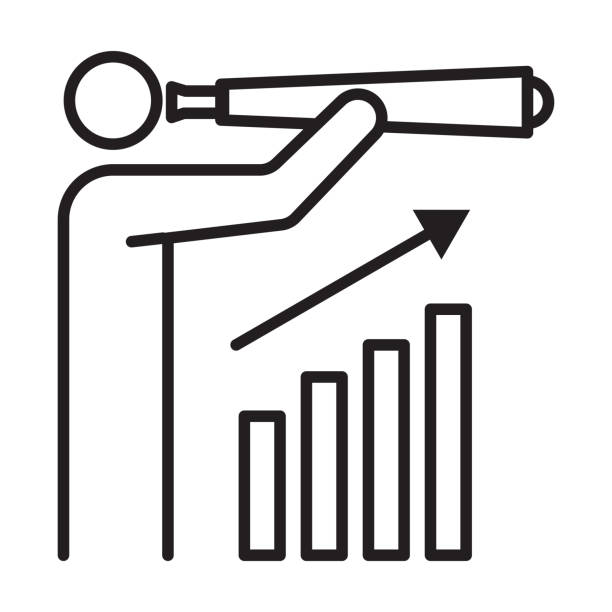 wizja biznesowa zarys ikony wektor biznesmen patrząc w teleskop widząc przyszłość i rozwijać graf biznesu i finansowania koncepcji projektowania graficznego, logo, witryny sieci web, social media, aplikacja mobilna, ui - aspirations target graph arrow stock illustrations